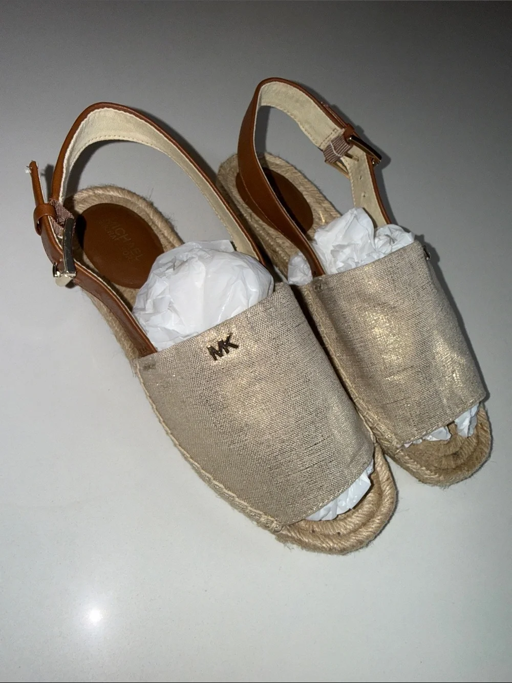 MICHAEL Michael Kors Fisher Metallic Gold Linen Espadrille Sandals | Size 6.5
